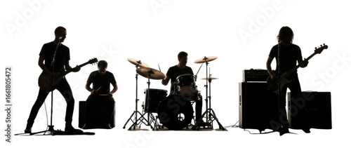 Silhouetted Rock Band with Guitarist Drummer and Bassist cutout isolated on transparent bg, png