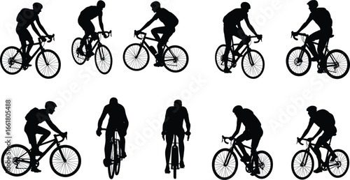 Cyclist silhouettes riding road bikes in various positions, outdoor cycling sport, fitness activity, healthy lifestyle, vector illustration on white background