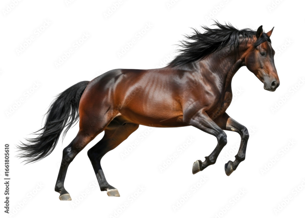 Fototapeta premium Majestic Brown Horse Trotting with Black Mane and Tail cutout isolated on transparent bg, png