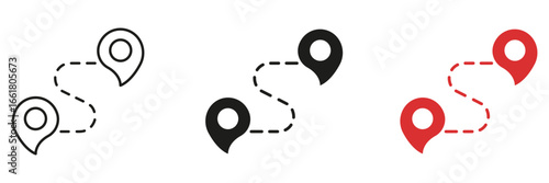 Location Route Tracker with Destination Pins Line and Solid Icon Set. Navigation Wayfinding and Map Journey Path Symbol Collection. Isolated Vector Illustration