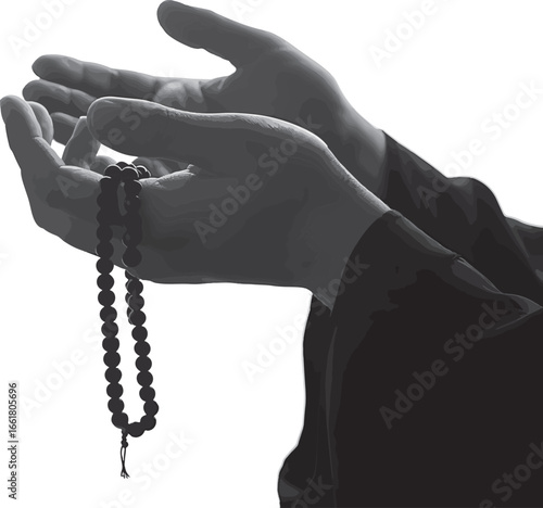 Praying hands with rosary beads raised in supplication seeking divine guidance and spiritual connection in moments of quiet reflection and devotion