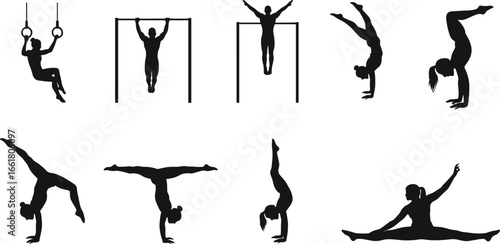 Vector silhouettes of gymnasts performing handstands, splits, bar and ring exercises, showcasing strength, flexibility, control, fitness and balance
