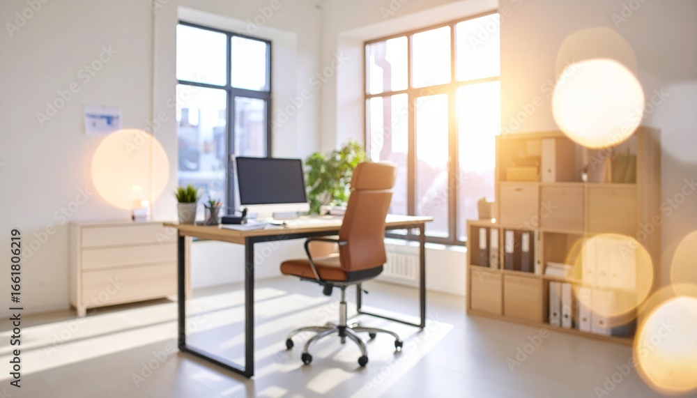 Fototapeta premium Abstract blurred home office interior room. blurry working space