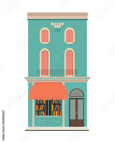 Bright illustration of bookstore with turquoise facade wall, orange awning and arched windows. stylish minimalist vector graphics.