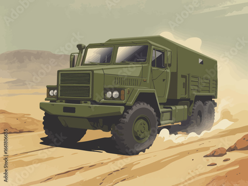 Rugged military transport vehicle navigating challenging desert terrain, showcasing off-road capability and robust design for logistical operations in remote environments.