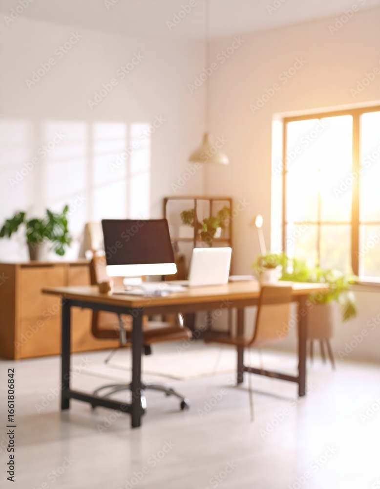 Fototapeta premium Abstract blurred home office interior room. blurry working space