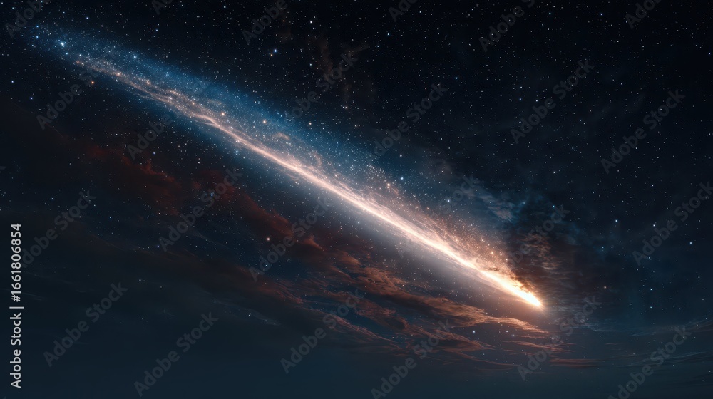 Fototapeta premium Glowing Comet with Bright Tail in Cosmic Night Sky Background
