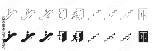 Escalator, Door, Stairs and Elevator Direction Icons. Navigation And Movement Symbols For Public Spaces. Accessibility And Wayfinding Signage Collection. Isolated Vector Illustration