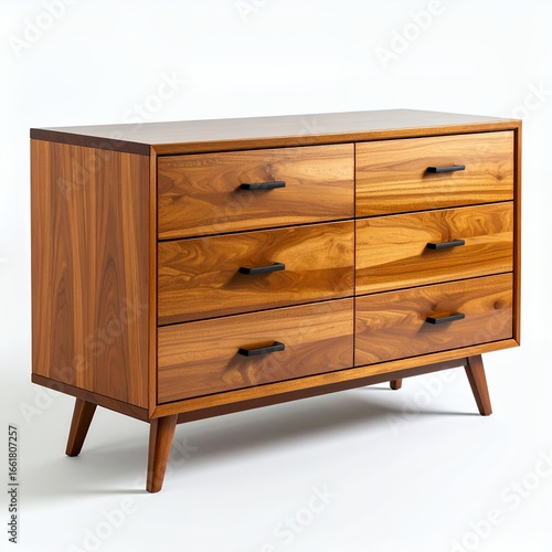 Elegant wooden six-drawer chest with retro mid-century modern design on white background