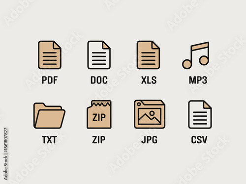 Set of File Type Icons representing Different File Formats for Computers and Digital Use Applications