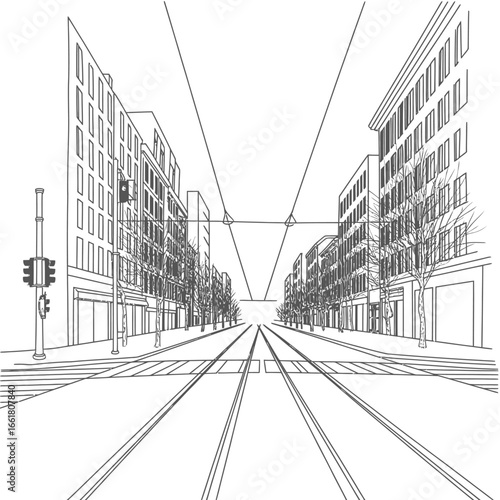 Urban Street Scene with Buildings and Tram Tracks Black and White Perspective Drawing Cityscape Architecture and Infrastructure