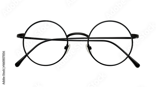 Minimalist black rounded eyeglasses with thin frame isolated on clean white background optical fashion accessory