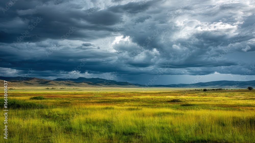 Obraz premium Grassy Plain Under Dramatic Storm Clouds with Distant Building