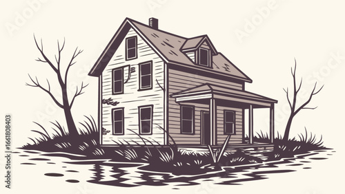 Illustration of vintage farmhouse home with porch and bare trees in rural landscape drawing style