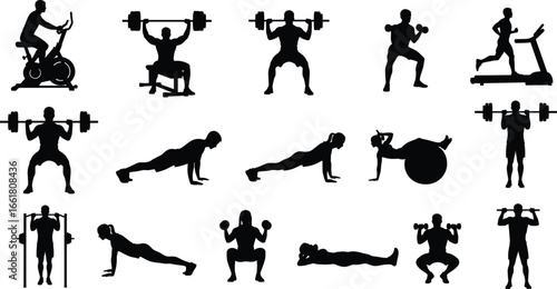 Vector silhouettes of men and women performing fitness training, gym workout, weightlifting, push-ups, cardio, squats, and strength exercises