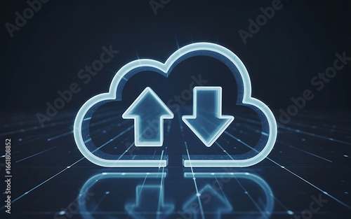 Glowing blue cloud icon with upload and download arrows on a dark digital background