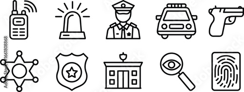 Flat vector illustration, police icons, law enforcement, security, crime prevention, investigation, safety, justice system, officer, patrol car, fingerprint, protection