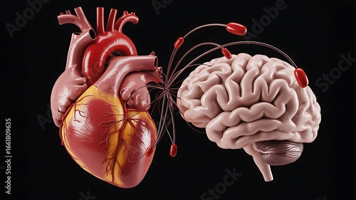 Human heart connected to human brain with wires and electrodes