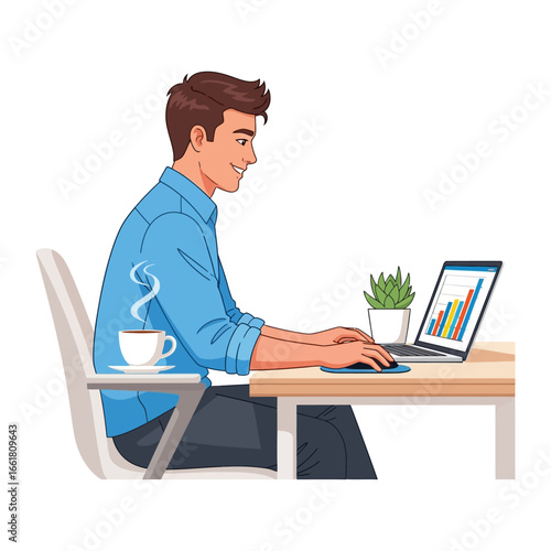 Digital Workspace: A stylish and focused individual immerses himself in work, engaging with technology and data while enjoying a moment of tranquility with a warm beverage and a potted succulent. 