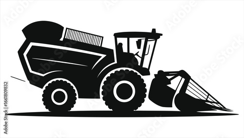 Potato digger machine silhouette vector icon. Agricultural harvester for potato crop harvest. Farm equipment and heavy machinery graphic illustration isolated on white background.