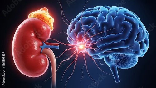 Connection between the human kidney and brain with glowing energy