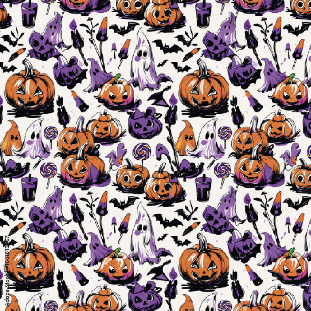 Obraz premium Halloween pattern seamless sketch style with pumpkins, ghosts, bats, lollipops, candles, and spooky elements on white background, hand drawn festive illustration with artistic atmosphere