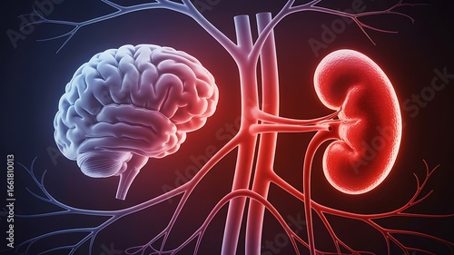 Human brain and kidney connected by blood vessels illustrating bodily systems
