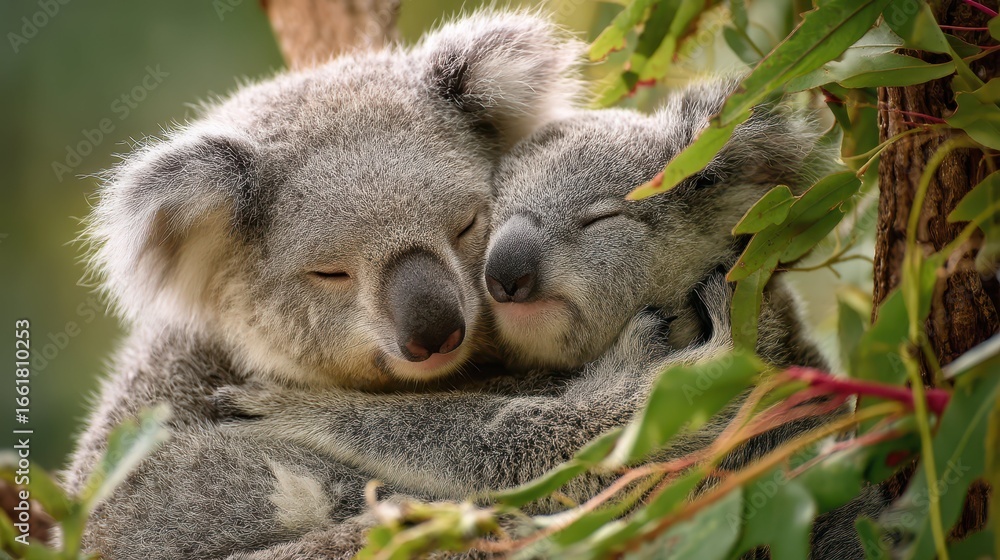 Obraz premium Happy Koalas Cuddling on Eucalyptus Tree Branches in Nature