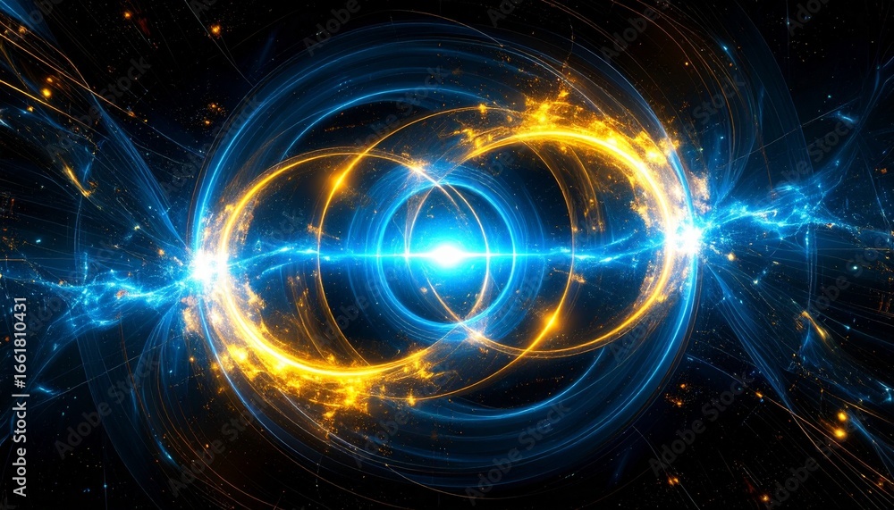 Obraz premium Quantum futuristic background with glowing fractal rings, pulsing quantum particles, and digital sparks
