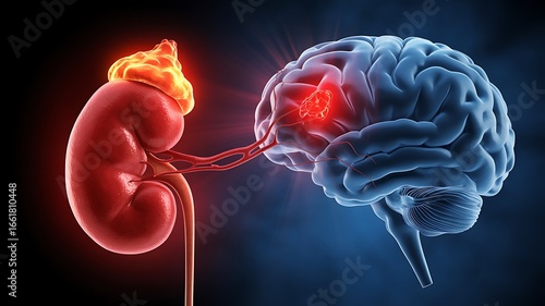Kidney connected to brain highlighting health connection and impact
