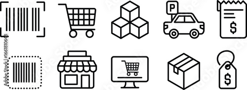 Flat vector illustration, shopping icons, retail store, barcode scan, shopping cart, online purchase, delivery box, price tag, receipt payment