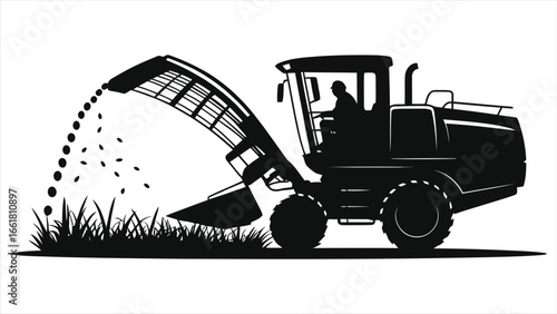 Silhouette of Sugarcane Harvester Machine Cutting and Dispensing Cane in Field - Vector Illustration for Agriculture, Farming, Sugar Crop Harvest