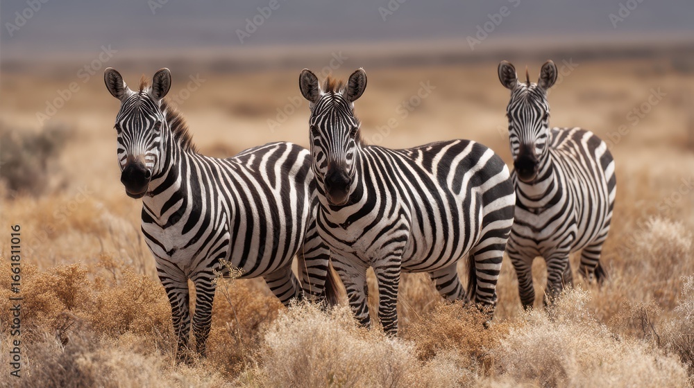 Fototapeta premium Three Happy Zebras in the African Savannah under Soft Light