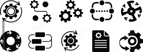 Flat vector illustration, workflow process icons, automation management, gear settings, system operation, business process optimization, task control, productivity improvement