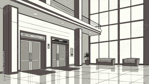 Illustration of modern office lobby interior design with elevators and waiting area seating space