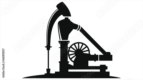 Black silhouette illustration of oil pump jack drilling rig isolated on white background, petroleum extraction machinery, nodding donkey beam pump icon for energy industry fossil fuel production