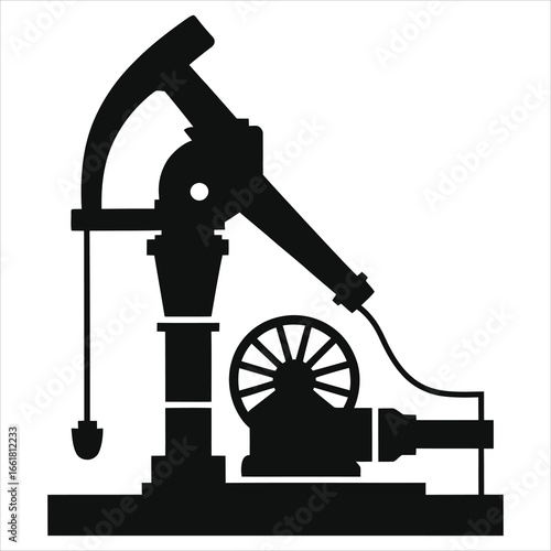 Black Silhouette of Oil Pump Jack Isolated on White Background – Industrial Icon of Oil Extraction, Petroleum Production Machinery Symbol, Energy and Fossil Fuel Industry Equipment Illustration