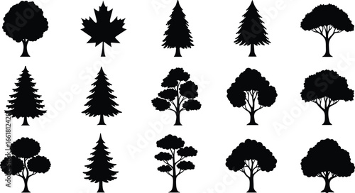 Tree silhouette vector collection, black tree icons, pine and deciduous tree shapes, forest illustration, nature design elements, isolated clipartTree 