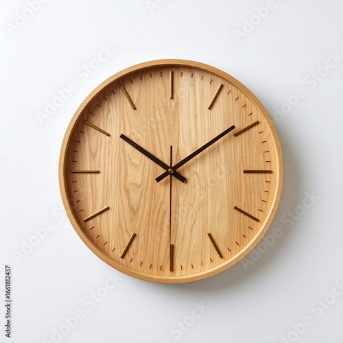 Minimalist wooden wall clock displaying time with clean design elements on white background