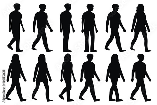  Several people walking silhouettes set isolated flat vector illustration on white background