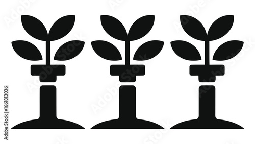 (Drip irrigation lines)Minimalist black plant seedlings icon set – three potted saplings in a row, simple flat farming agriculture gardening symbol for eco nature growth, sustainability concept