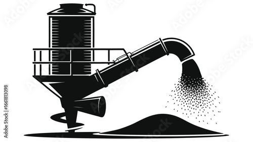 (Grain auger)Industrial silo with auger conveyor icon. Vector silhouette of agricultural machinery for processing and dispensing grain, feed, or pellets. Manufacturing and farming equipment logo