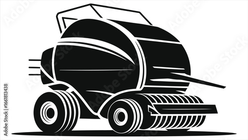 Black and White Vector Illustration of Modern Agricultural Hay Baler Machine Icon Isolated on White Background – High Detail Silhouette for Farming, Agriculture, and Equipment Design Projects