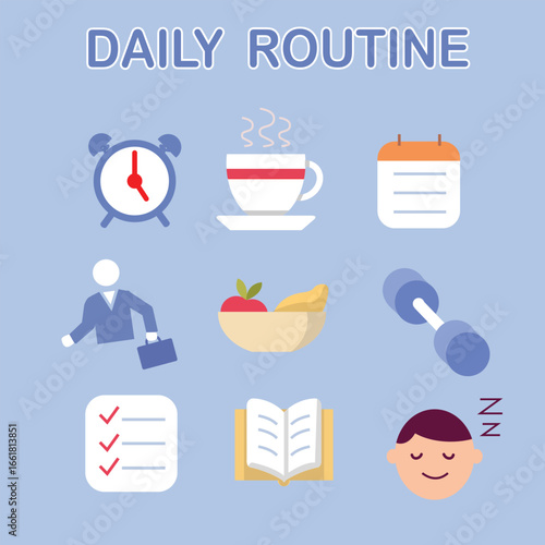 Daily Routine Icons Set, Healthy Lifestyle, Work and Productivity Concept