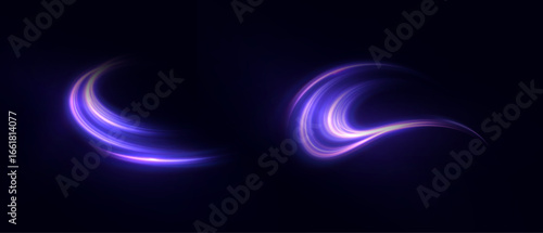 Vector Set of glowing purple curved light stripes with shining glitter and dynamic movement on dark background.