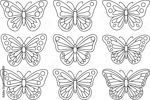  collection of nine unique black-and-white line art butterfly illustrations arranged in a 3x3 grid