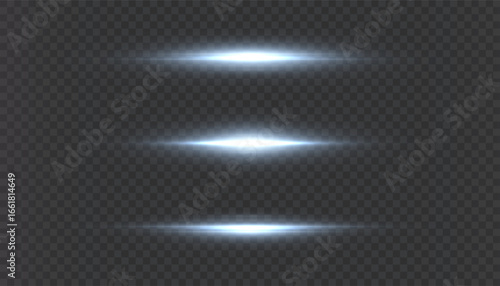 Horizontal luminous blue flares with glowing streaks and bright reflection, abstract futuristic light effect with soft shine on transparent background.