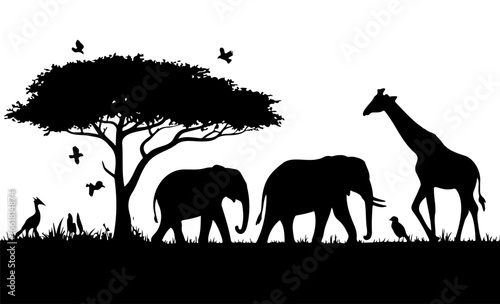 Silhouette of African savanna animals including elephants, a giraffe, and birds by an acacia tree.
