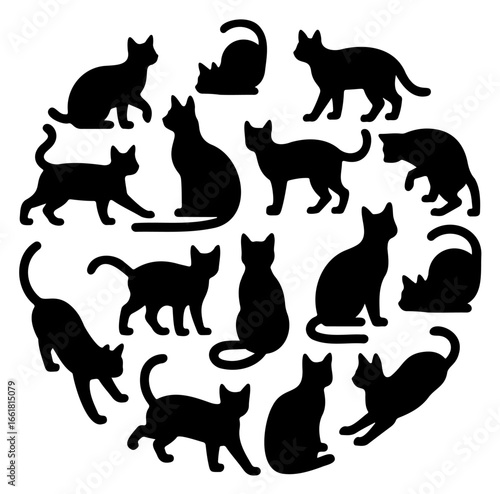 Circular arrangement of black cat silhouettes.