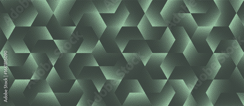 Vector abstract wide panoramic background with tech-style halftone hexagon shift in sage green colour. Grainy textured geometric pattern for military innovation, digital terrain, tactical UI backdrops